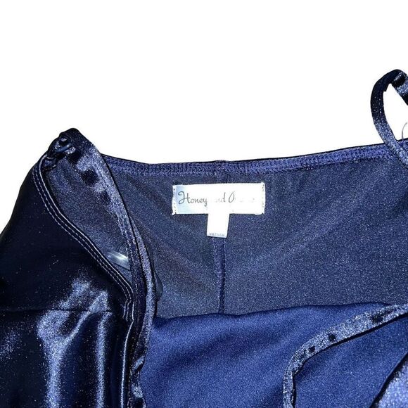 HONEY & ROSIE Square Neck Faux Wrap Satin Blue Dress Size Large - Picture 6 of 11